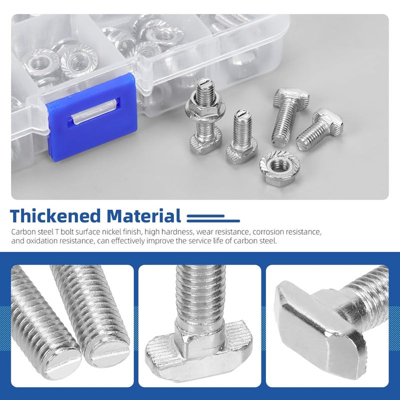 Glarks 80pcs M5 T Slot Drop-in Bolt with Hexagon Flange Nut Set, 10/12/16/20MM Hammer Head T-Bolt, T Shape Stud Sliding Screw, T Screw Stud for European Standard 20 Series Aluminum Profile - Image 4